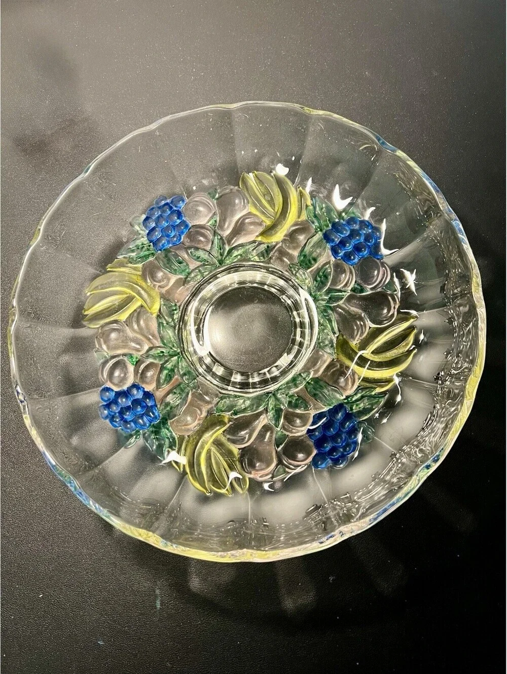 Indiana Glass 1960s Garland Blue Grape Banana Fruit Footed Console Bowl, 12x3.5”